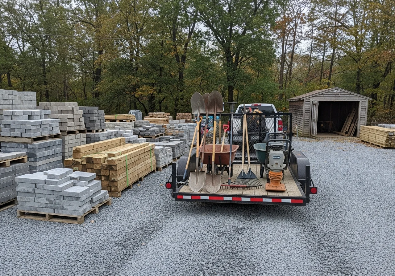 Landscaping crew with tools and equipment ready for outdoor hardscape installation and design work.