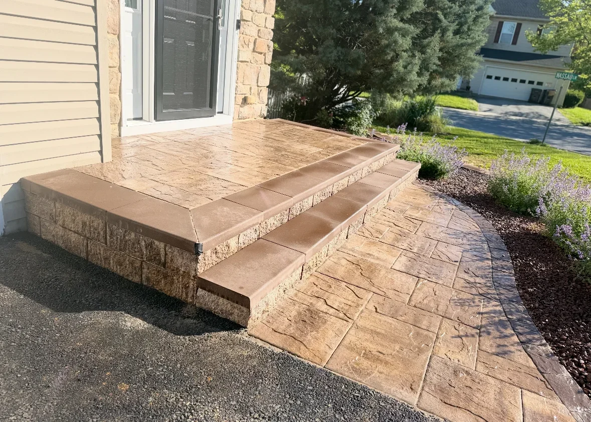 Stamped Concrete Entry Patio with Retaining Wall
