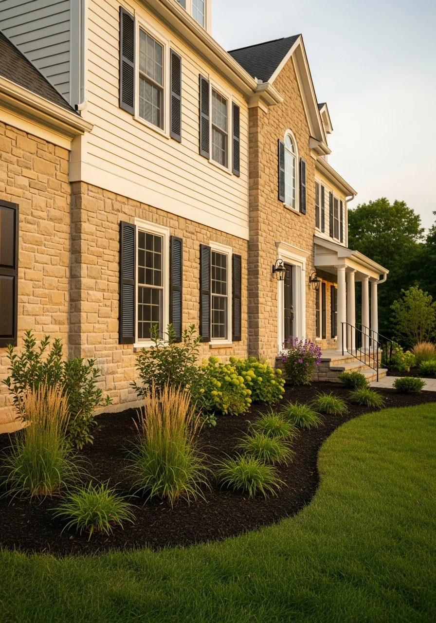 Close-up of a well-maintained Chester County colonial home exterior with stone and siding.