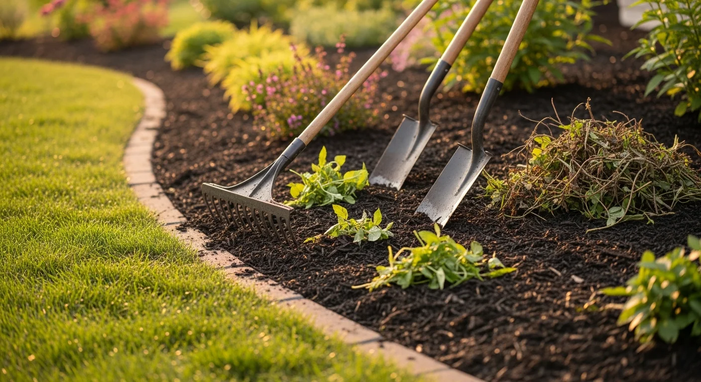 A freshly maintained garden bed along a residential property in Chester Springs, Pennsylvania, with clean-cut edges, dark mulch, and weed-free soil around established plants. A lawn care technician from Fresh Look Landscape works along the bed border on a clear day.