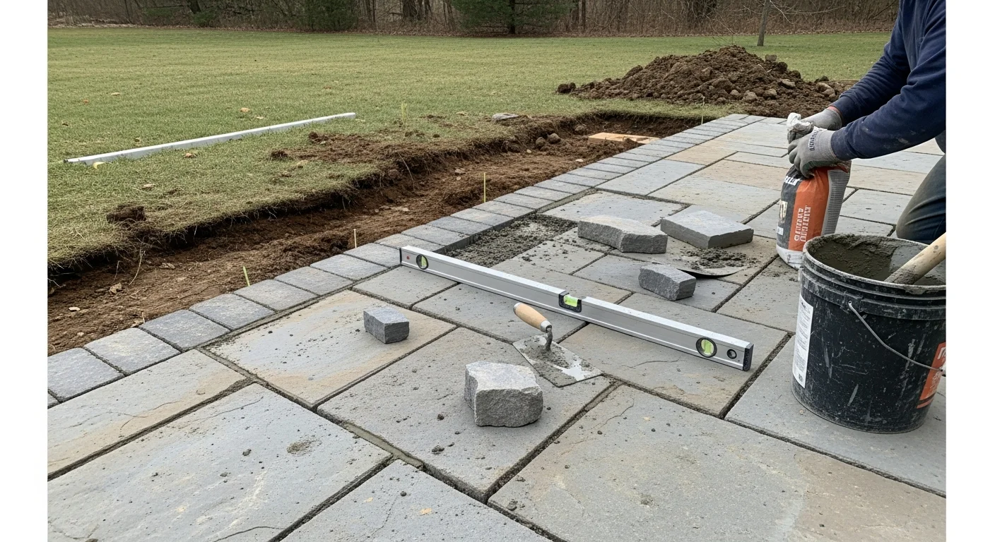 A Chester Springs, PA backyard patio showing reset and releveled concrete pavers with freshly repointed joints after hardscape repair. A stone retaining wall runs along the property edge with corrected grading visible at the base.