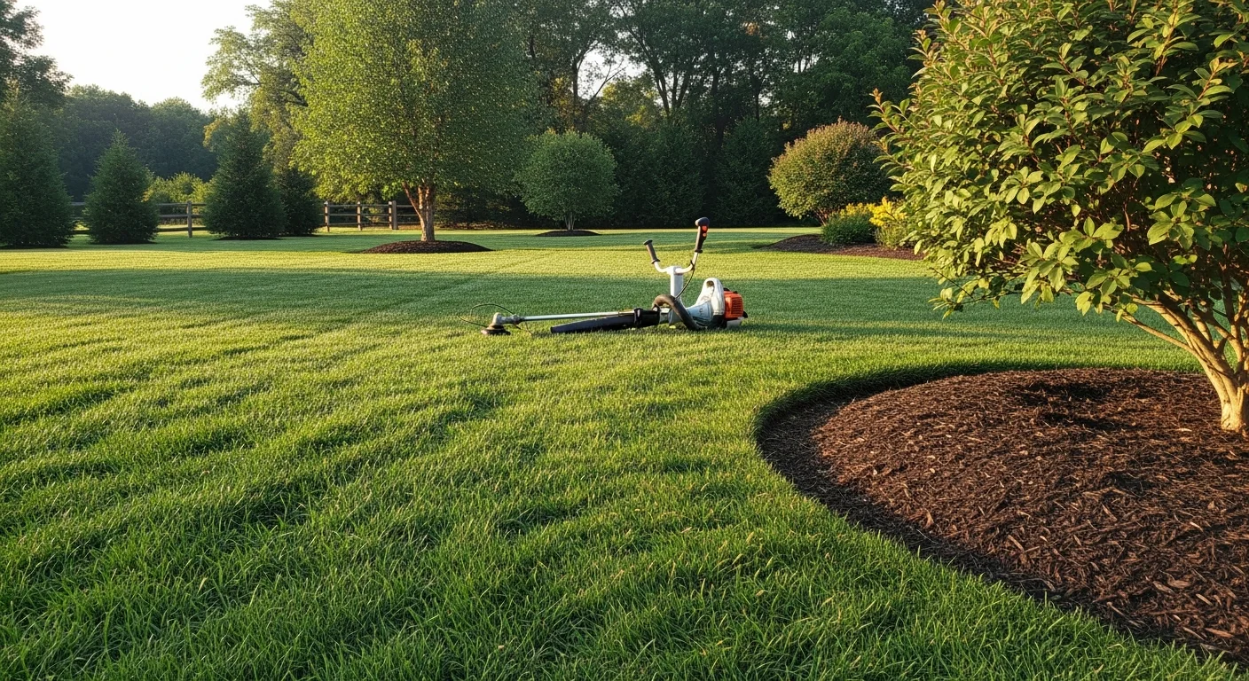 A neatly mowed and edged residential lawn at a Chester Springs, PA property, with trimmed shrubs and clean planting beds along the front of the home. The yard reflects a well-maintained landscape typical of larger single-family homes in Chester County.