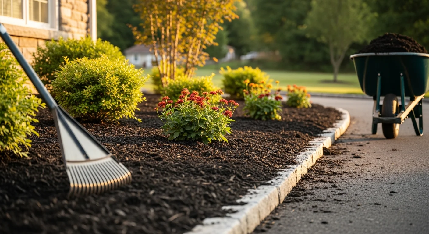 Freshly installed dark mulch covering a landscaped garden bed at a Chester Springs, PA residential property, with clean edges along a lawn border and green shrubs visible in the background.