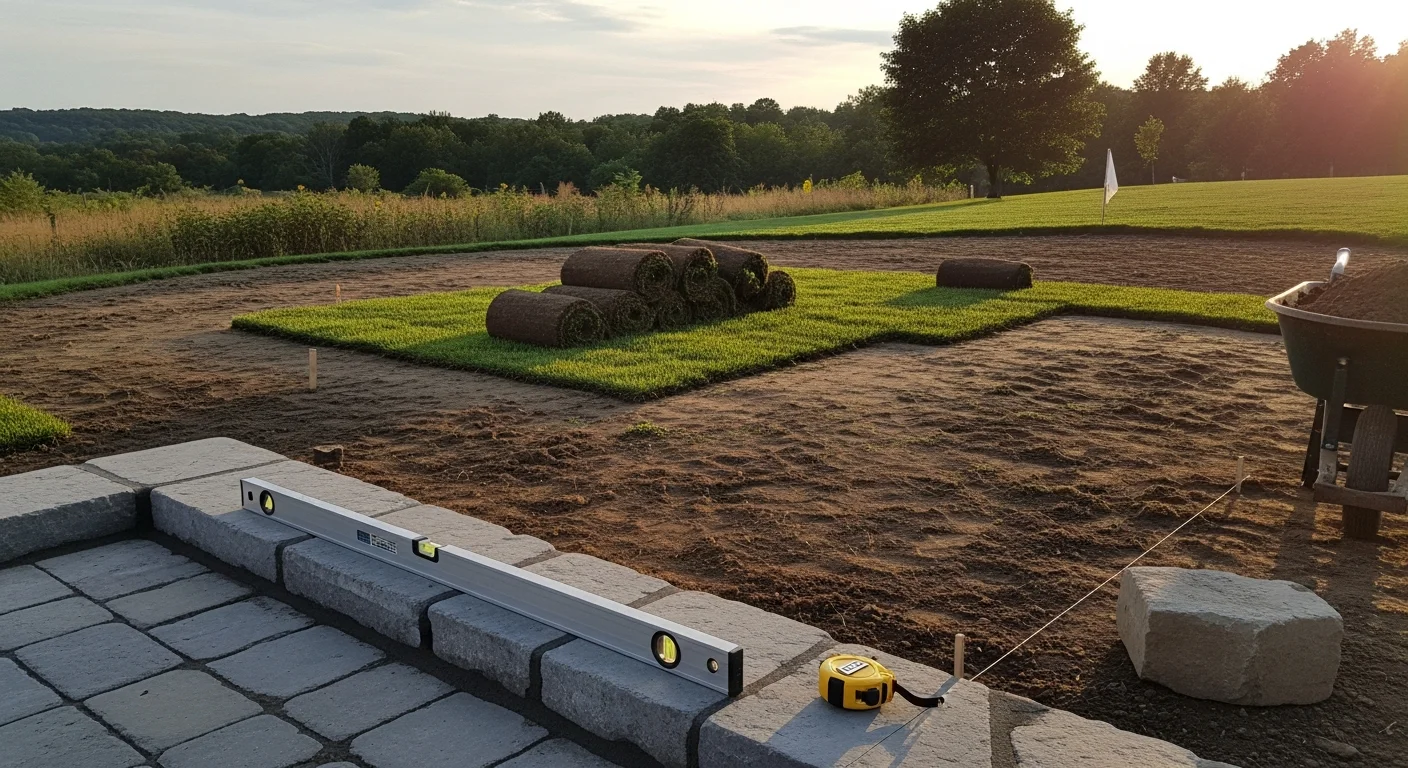 A custom outdoor living space designed by Fresh Look Landscape in Chester Springs, PA, featuring a stone patio, built-in seating area, and landscape lighting on a gently sloped residential backyard. The design integrates hardscape and plantings to work with the natural grade of the property.