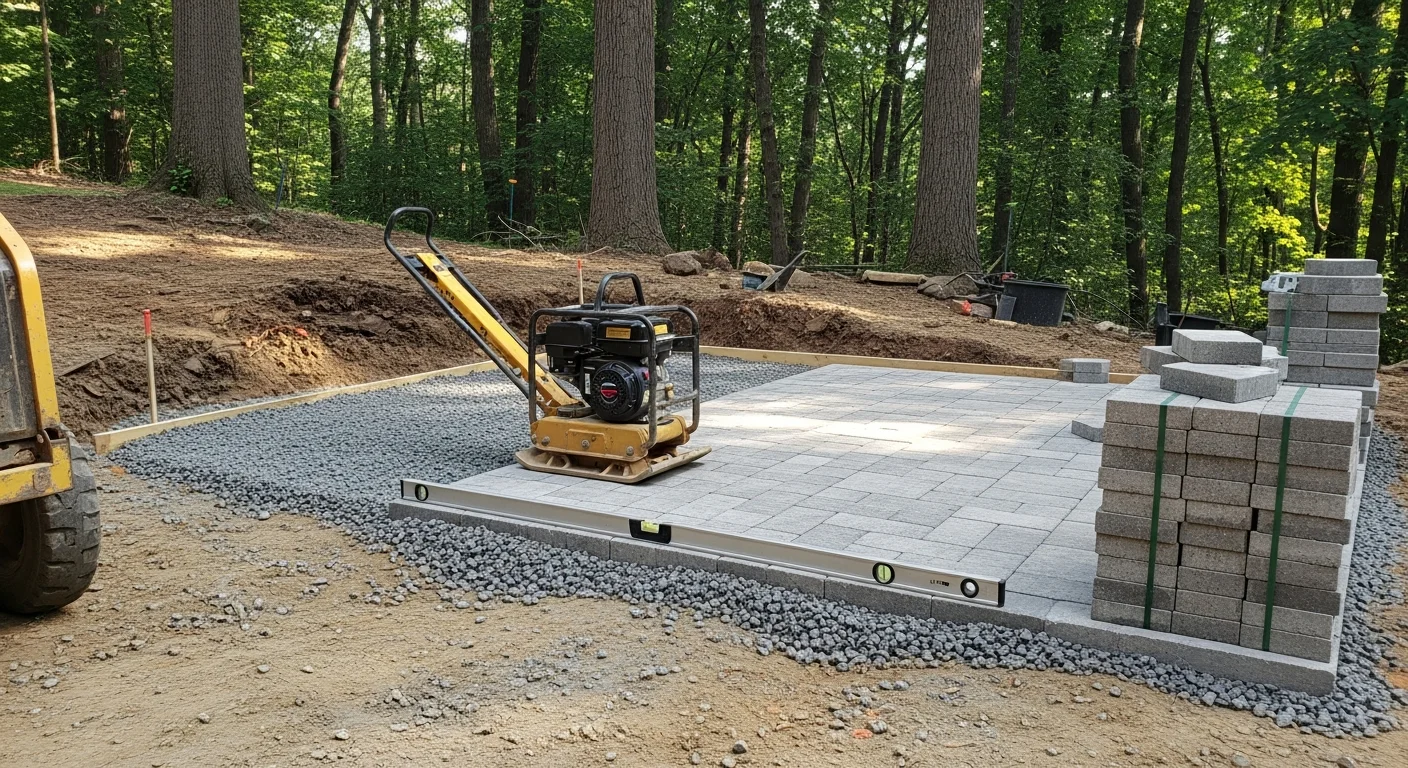 A finished stone patio installed by Fresh Look Landscape in a Chester Springs backyard, showing a level surface with clean edges set against a gently sloped, tree-lined yard. The patio includes an open seating area sized for outdoor dining and connects directly to the rear of the home.