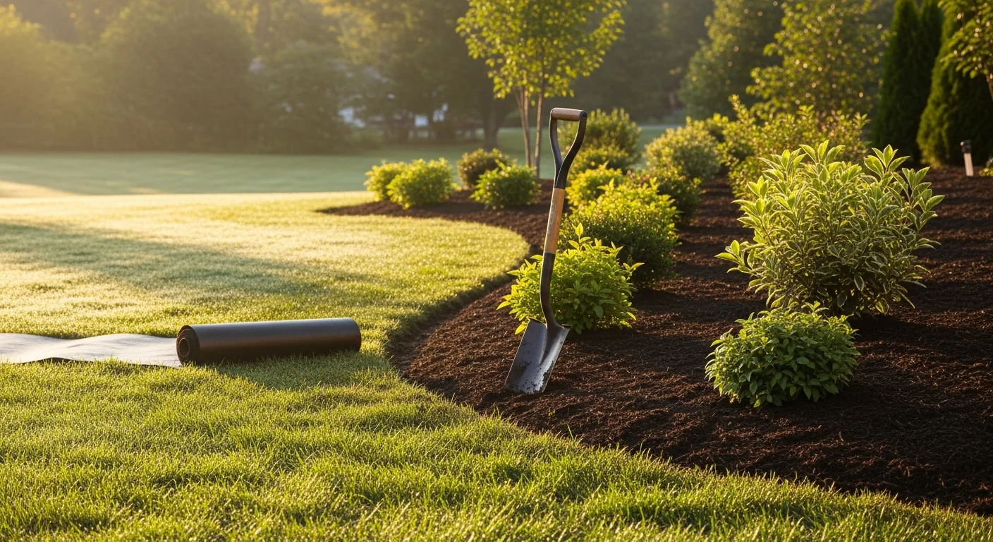 A Chester Springs, PA residential front yard with freshly planted shrubs and perennials arranged along a mulched bed border. A lawn care crew member from Fresh Look Landscape firms soil around a newly installed plant near the home's foundation.