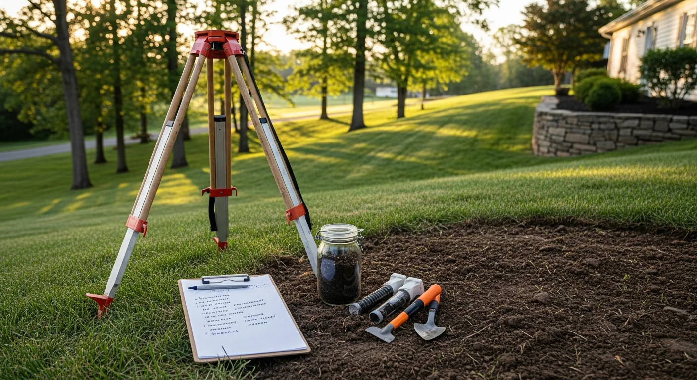 A landscape contractor reviewing a residential yard plan with a Chester Springs homeowner on a rolling, tree-lined property. The consultation takes place on-site with the home's exterior and existing lawn visible in the background.