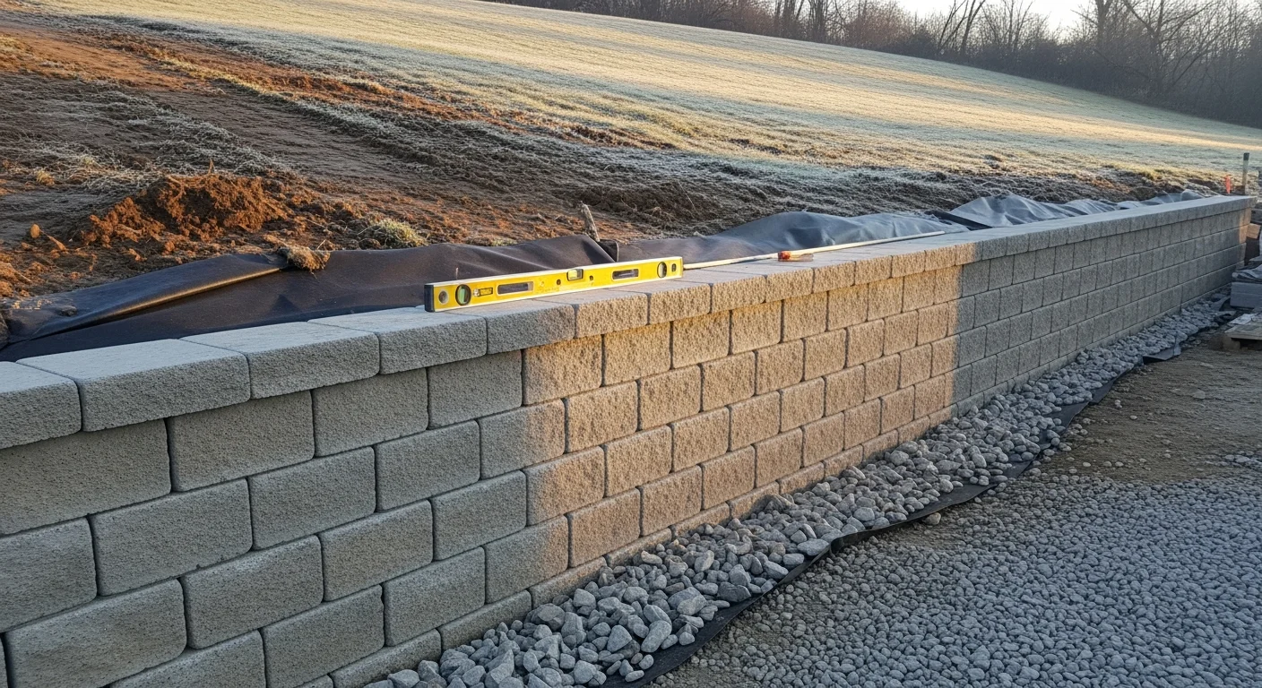 A completed multi-tier retaining wall on a sloped residential property in Chester Springs, PA, with level planting areas behind each tier and a graded lawn in the foreground. Fresh Look Landscape hardscape construction on a Chester County rolling-terrain lot.