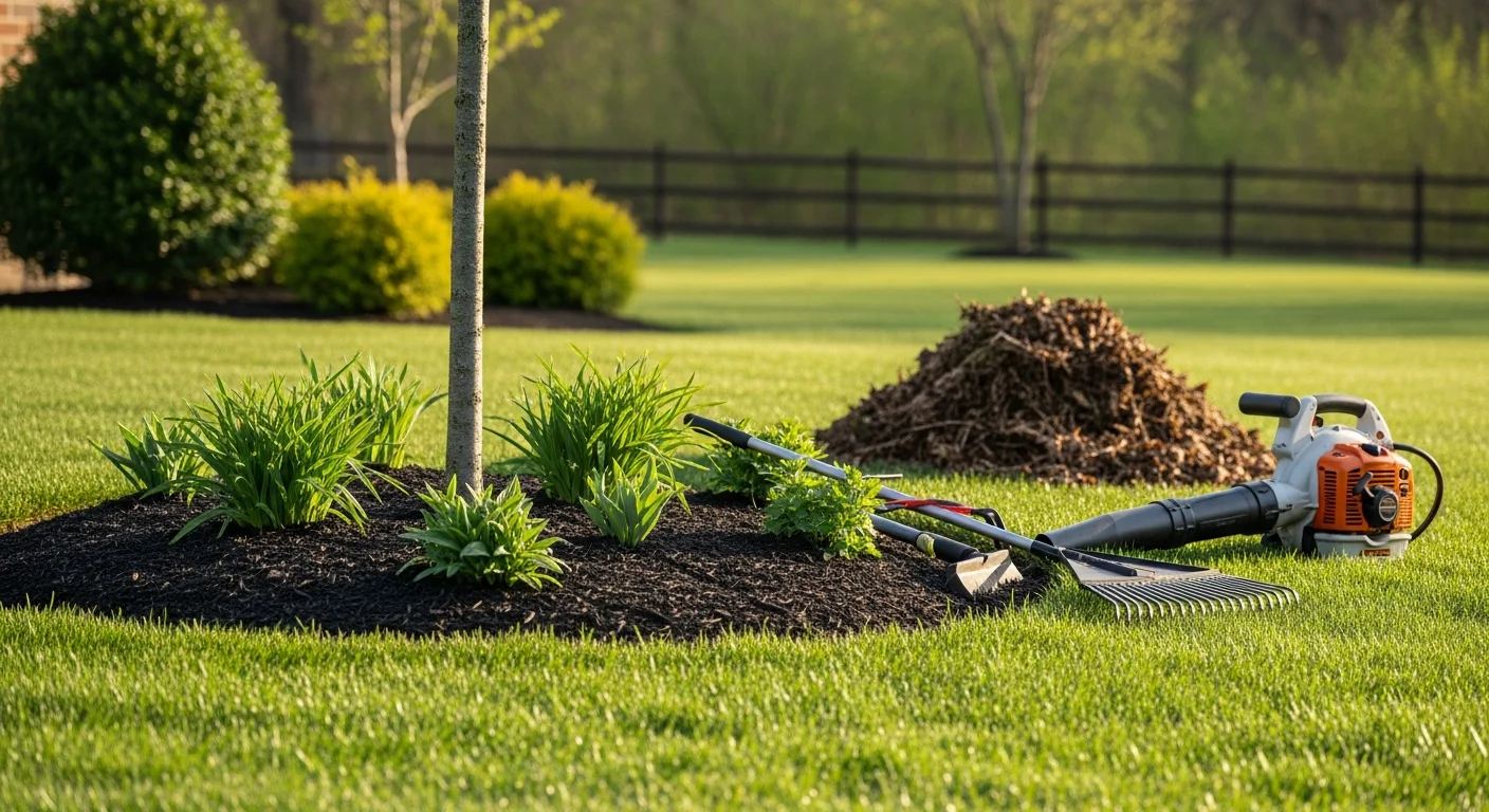 A Chester Springs residential lawn after a fall seasonal cleanup, showing cleared garden beds, trimmed shrubs, and a debris-free turf surface. Bagged organic material is staged at the curb for haul-away by the Fresh Look Landscape crew.