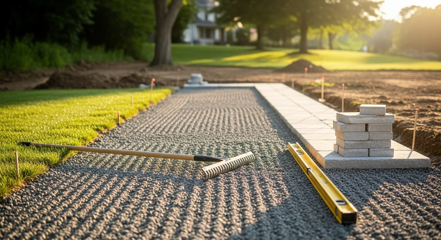 A freshly installed stone walkway connecting a residential driveway to a front entry on a Chester Springs, PA property. The path runs across a gently sloped lawn with established landscaping on either side.